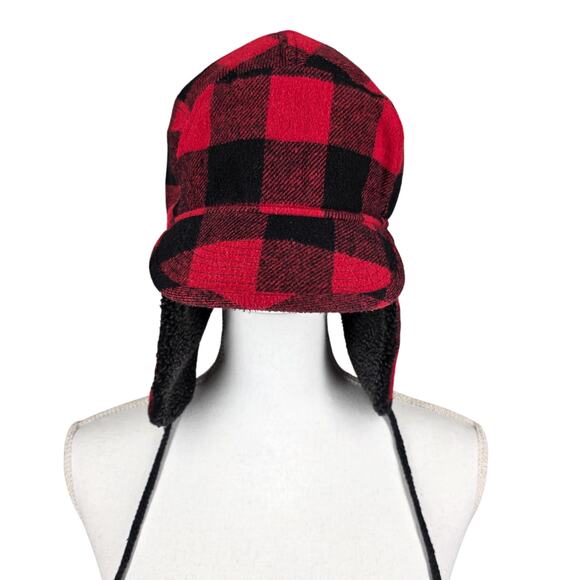 MOSS-MARKET BUFFALO PLAID TRAPPER HAT RED & BLACK – FLEECE EAR FLAPS, SIZE L/XL - Picture 1 of 8